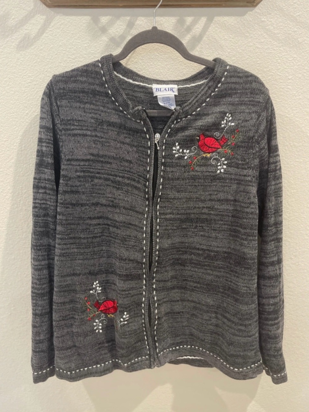 Blair Dark Gray Zip-Front Cardigan with Red Embroidered Birds